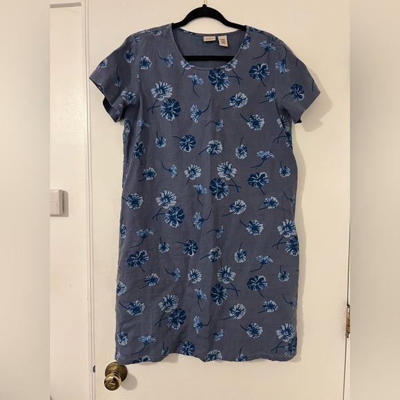 L. L. Bean Floral Blue Dress size 10 100% Linen (E100) - Picture 1 of 7